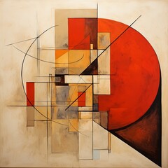 Khaki and red painting, in the style of orange and beige, luxurious geometry, puzzle-like pieces