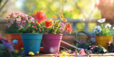 Gardening background with flowerpots in sunny spring or summer garden, festive mood