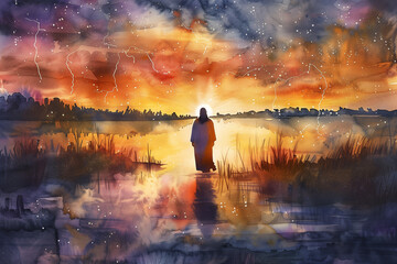 Jesus walks on water at sunrise rays. Watercolor painting illustration in warm gold colors - obrazy, fototapety, plakaty