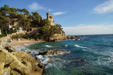 Spain. Coast of the Costa Brava. Catalonia. Lloret de Mar. Mediterranean Sea. Beautiful rocks. A...