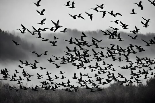 A black and white photo capturing a flock of birds in flight. This versatile image can be used in various creative projects