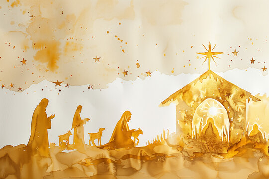 Watercolor painting of a scene from the nativity of Jesus