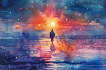 Jesus walks on water at sunrise rays. Watercolor painting illustration