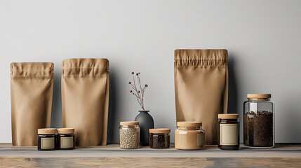 still life of various jars and blank eco packages for various products ad, mockup