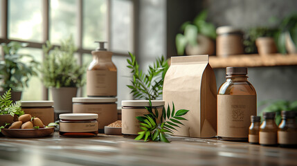 still life of various blank containers and packages for different herbal products, mockup  - obrazy, fototapety, plakaty