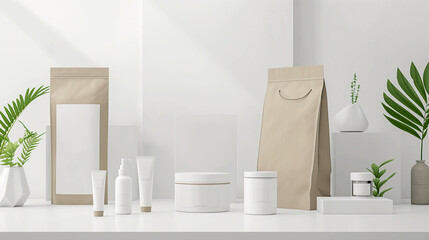 still life of various blank containers and packaging for skin care cosmetics, mockup  - obrazy, fototapety, plakaty