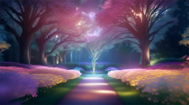 Fantasy animation of the night sky over a landscape lined with trees and stars.