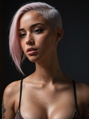 Schöne junge Frau im Punkstil, kurze platinblonde Haare mit rosa Strähne, Sommersprossen im jugendlichen Gesicht