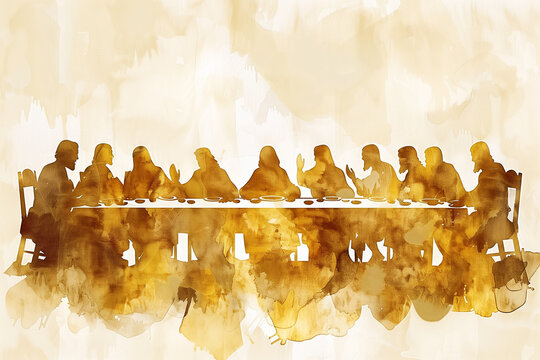 A painting in watercolor style of the last supper of Jesus