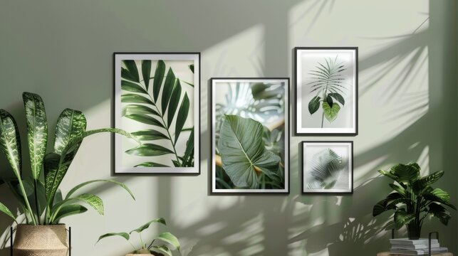 Framed nature pictures on wall with plants in light room