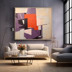 Lilac and red painting, in the style of orange and beige, luxurious geometry, puzzle-like pieces
