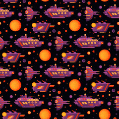 Vector pattern with spaceships. Space and military artillery. For print.