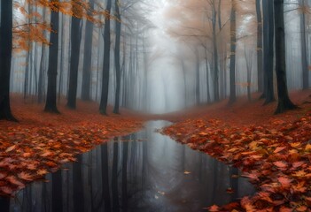 Foggy day into the forest during autumn