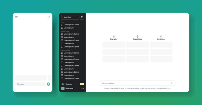 ChatGPT mobile and web interface. Open AI assistant chat. Artificial inteligence application mock-up. Text generator software. Machine learning tool. Vector illustration