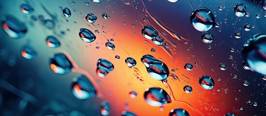A detailed view of a window covered with small water droplets, creating a pattern on the glass surface - obrazy, fototapety, plakaty