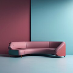 Maroon l shaped couch isolated on blue wallpaper, in the style of light pink and light green