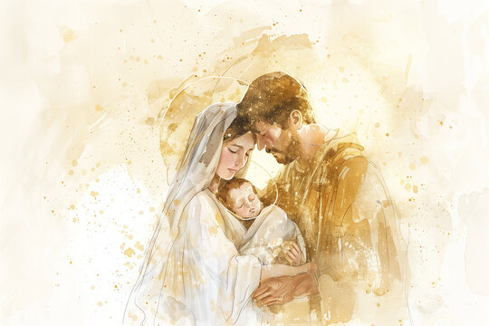 Watercolor painting of a scene from the nativity of Jesus, father and mother with a child in their arms, in gold and yellow warm colors