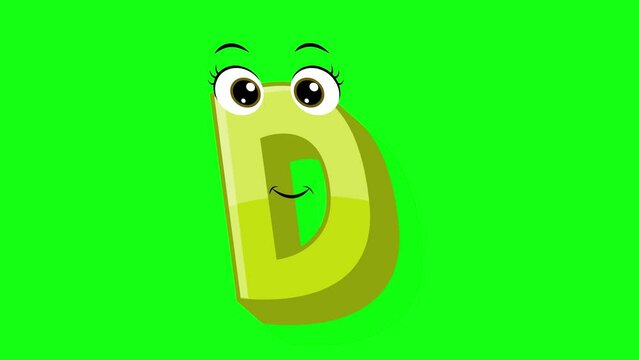 Cartoon style letter d 2d animation with green screen background, d alphabet dancing letters for little kids