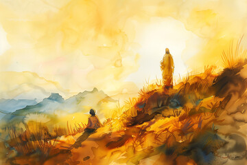 Jesus preaching on a hill to a man, watercolor painting in warm gold colors
