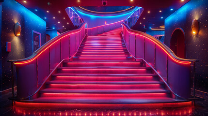 A dramatic staircase illuminated by neon lights, adding a sense of drama and intrigue to its architectural design