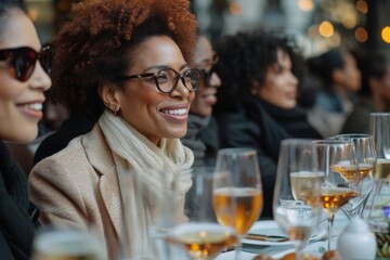 Group of smiling women sitting at table with wine glasses and posing for the camera in a social gathering - obrazy, fototapety, plakaty