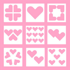 Abstract hearts in square shape. Pink heart icon set. Valentine's Day Mother's Day card template. Trendy geometric shapes with squares and hearts in retro style. Flat design. Red background. Vector - 764683783