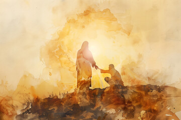 Jesus reaching out his hand to man and forgive and bless him In the sunrise rays, watercolor painting in warm gold colors