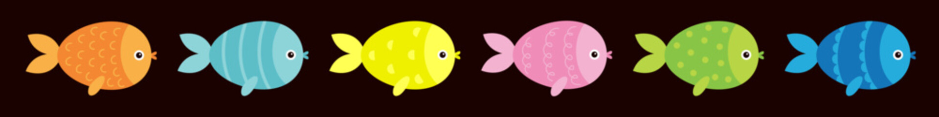 Fish icon set line. Cute kawaii cartoon funny baby character. Colorful aquarium sea ocean animals. Marine life. Kids collection. Childish style. Isolated. Black background. Flat design. Vector - 764683983