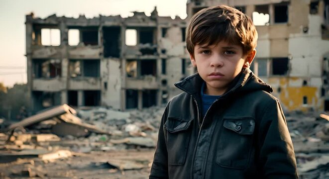 A boy stands among the ruins of city buildings destroyed by war