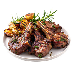 front view of Cumbrian Grilled Lamb with succulent grilled lamb chops, seasoned with Cumbrian herbs, served on a British grill plate, isolated on a white transparent background