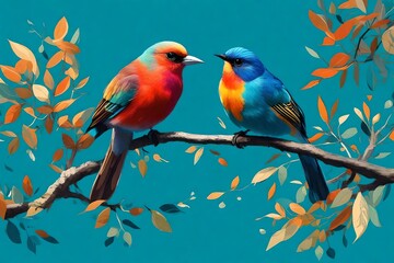 colorful birds sit on a branch on blue background - Powered by Adobe