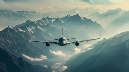 Fotobehang A cargo plane flying over mountains © Premreuthai