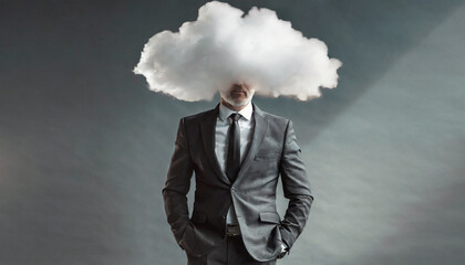 Depressed businessman standing in office hallway wearing a suit with tie and a big depressed cloud on his head. Depression, mental health, abuse, addiction, abandoned concept