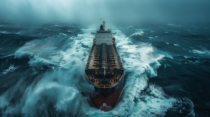 A cargo ship navigating through rough seas