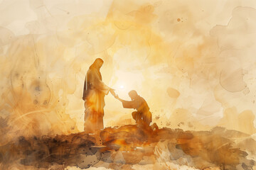 Jesus christ extending a helping hand in watercolor Illustration