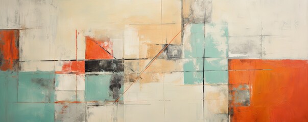 Mint and red painting, in the style of orange and beige, luxurious geometry, puzzle-like pieces