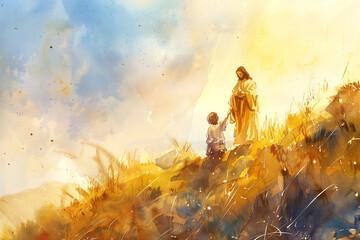 Jesus christ extending a helping hand in watercolor Illustration