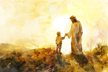 Jesus Holding a child's hand,hHe takes it with him, forgive and bless him In the sunrise rays, watercolor painting in warm gold colors