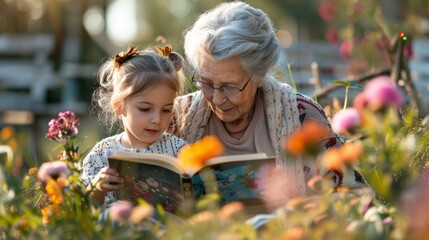 A garden reading session with grandmother, granddaughter, and their favorite stories, flowers in bloom