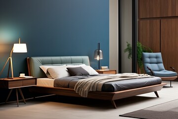 modern bedroom with a wood bed and black walls, in the style