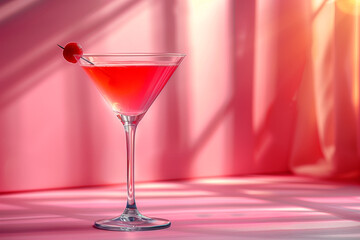 Cosmopolitan Cocktail in martini glass garnished with cherry on a pastel pink modern background