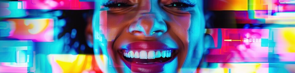 joyful woman with vibrant colors and digital glitch footage video still effect