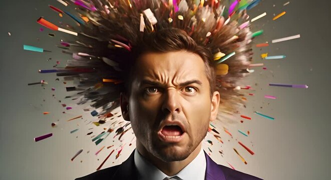 Head explosion illustration of businessman in chaos, symbolizing brain overload and the explosive power of brainstorming in business.