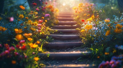 A staircase leading through a field of blooming flowers - obrazy, fototapety, plakaty