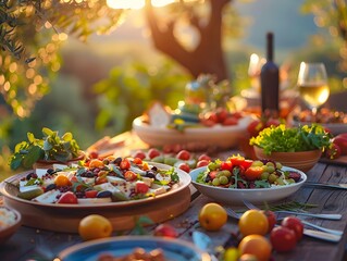An inviting outdoor table setting with an array of fresh salads, ripe tomatoes, and wine, capturing the essence of summer dining.