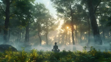 Foto op Plexiglas In a misty, verdant forest, ethereal rays of light filter through as a tranquil image captures a person in meditation. © Chomphu