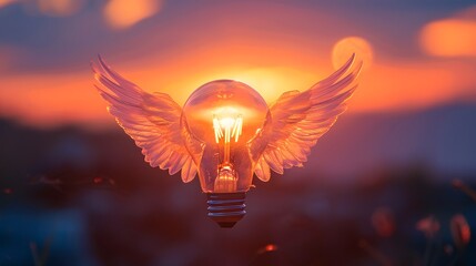 A whimsical light bulb with wings takes flight against the stunning backdrop of a vibrant sunset sky. - obrazy, fototapety, plakaty