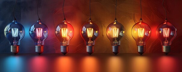 A series of colorful hanging light bulbs casting vibrant reflections on a textured background.