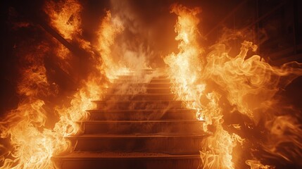 A staircase surrounded by flames and smoke