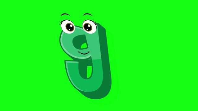 Cartoon style letter g 2d animation with green screen background, g alphabet dancing letters for little kids